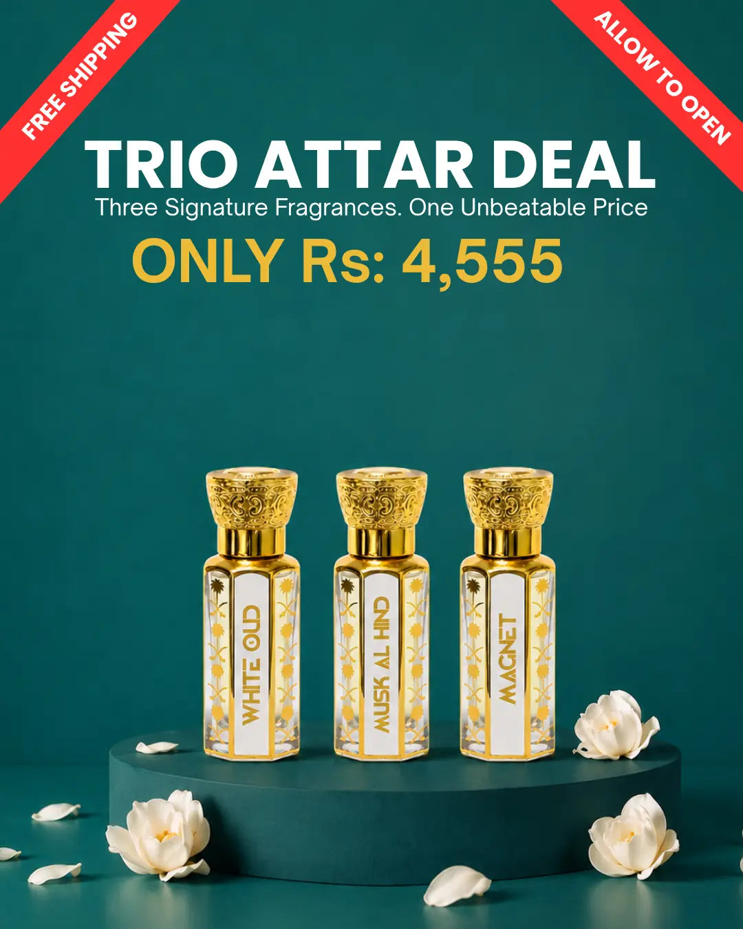 Luxury Trio Attar Deal featuring Musk Al Hind, White Oud and Magnet 12ml alcohol-free attars.