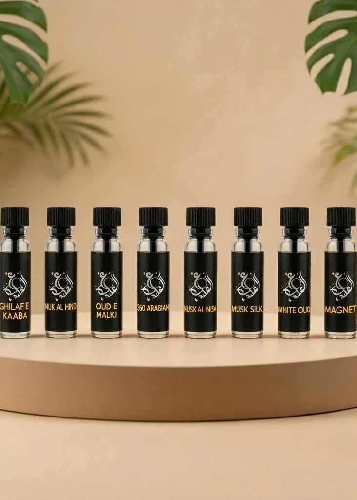 Oud Al Aziz 8-piece luxury fragrance tester set — try all attars and EDPs before buying in Pakistan

