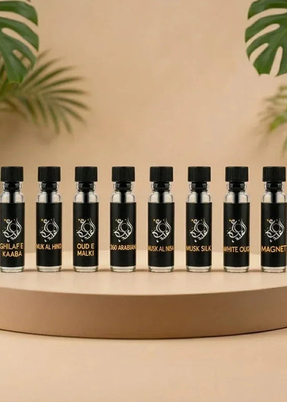 Oud Al Aziz 8-piece luxury fragrance tester set — try all attars and EDPs before buying in Pakistan
