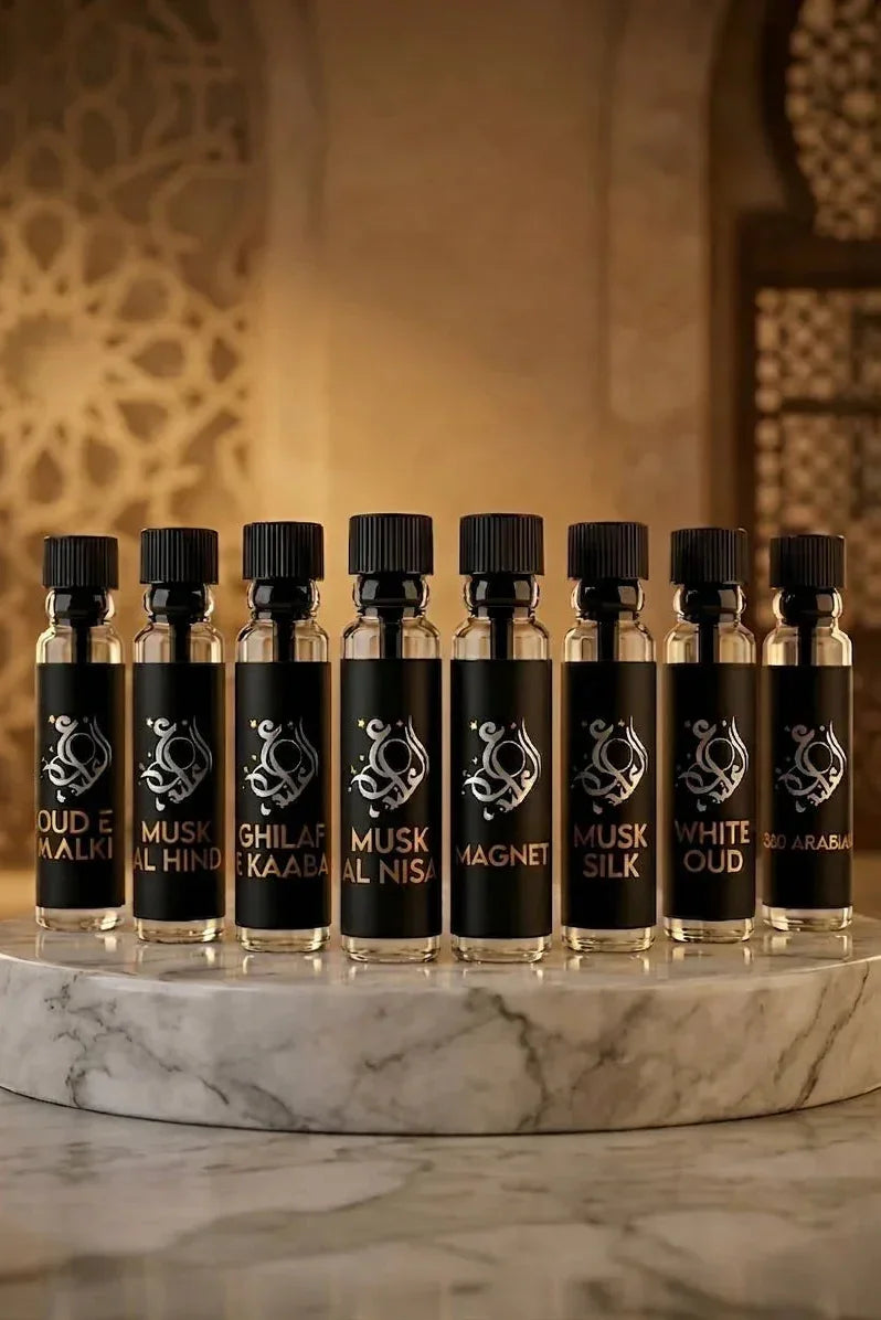 Oud Al Aziz 8-piece luxury fragrance tester set — try all attars and EDPs before buying in Pakistan
